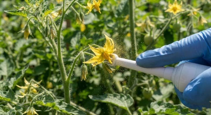 hand pollinating tomatoes